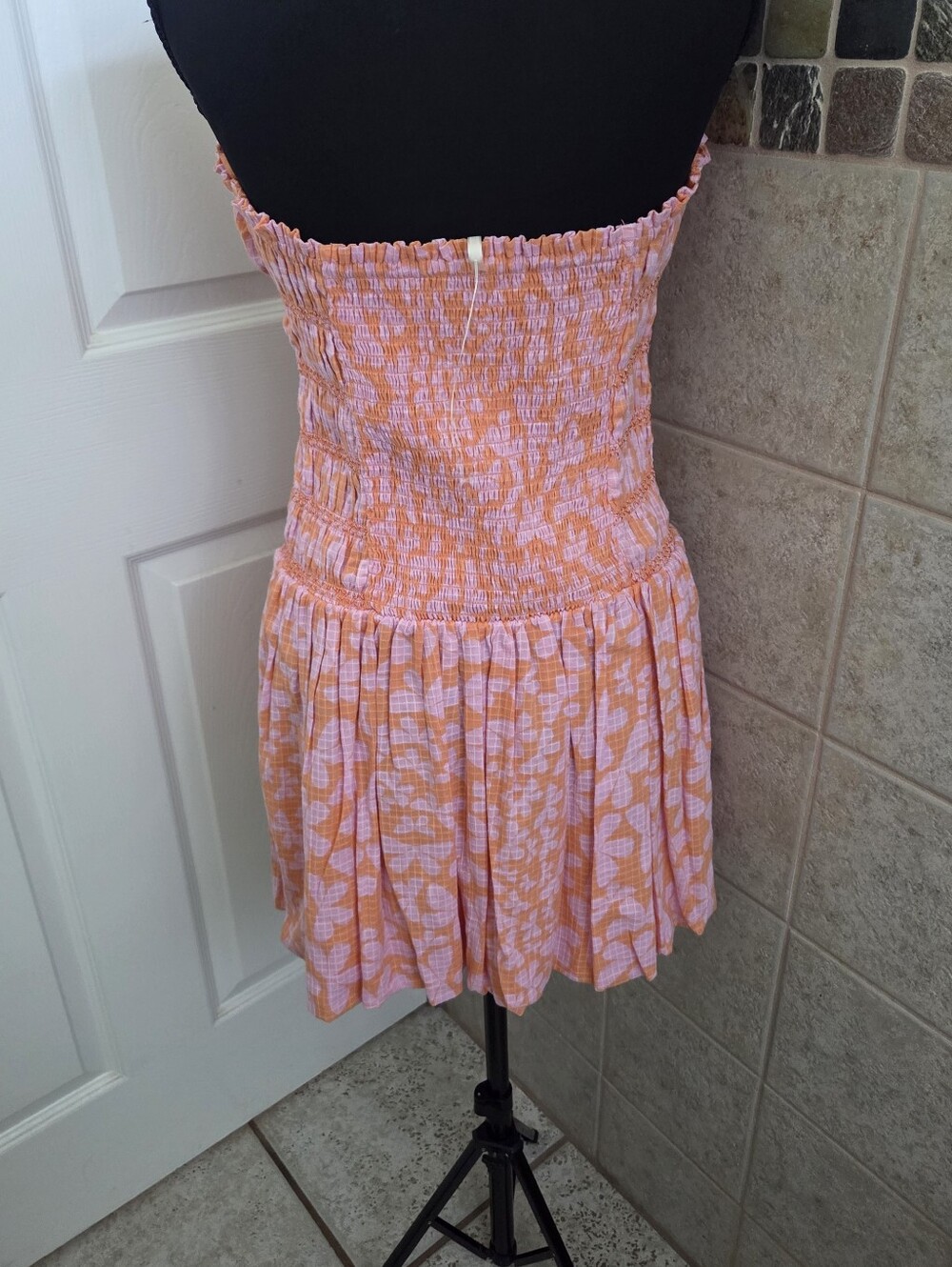 Free People Strapless Peach-Pink Floral Smocked Mini Dress Festival Western Boho - Picture 7 of 10